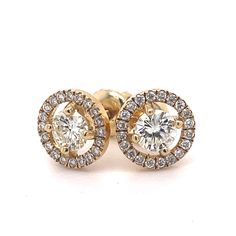 Diamond Earrings Studs - 0.99CT Round Diamond Studs, 14k Yellow Gold Studs, Gold Earrings, studs earrings for women, Christmas earrings gift, Birthday gift for her Jewelry Material: Yellow gold 14K (the gold has been tested by a professional) Total Carat Weight: 0.99ct (Approx.) Total Metal Weight: 11.65 g Size:7.73 x 7.73 mm  Grading Results: Stone Type: Diamond Shape: round Carat:0.59ct (Approx.) Stones quantity:2 Color: H-I Clarity: VS-SI Grading Results: Stone Type:Diamond Shape: round Carat Timeless Diamond Earrings With Halo For Gift, Halo Design Round Cut Earrings For Anniversary, Fine Jewelry Halo Earrings For Anniversary, Timeless Halo Diamond Earrings As A Gift, 14k Gold Earrings With Halo Setting For Wedding, 14k Gold Diamond Halo Earrings For Anniversary, Yellow Gold Halo Diamond Earrings As Gift, Timeless Round Cluster Earrings Gift, Timeless Round Cluster Earrings For Gift