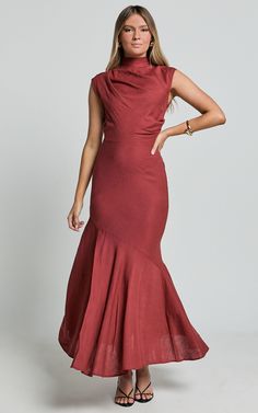 Arielle Maxi Dress - High Neck Thigh Split Slip Dress in Chestnut Elegant Brown Asymmetrical Midi Dress, Rust Fitted Dress, Fitted Rust Summer Dress, Rust Fitted Summer Dress, Wedding Guest Dress High Neck, Winter Wedding Guest, Winter Wedding Guest Dress, Winter Wedding Guests, Dress High Neck