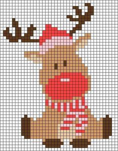 a cross stitch pattern with a reindeer wearing a red scarf and knitted hat, standing in front of a white background