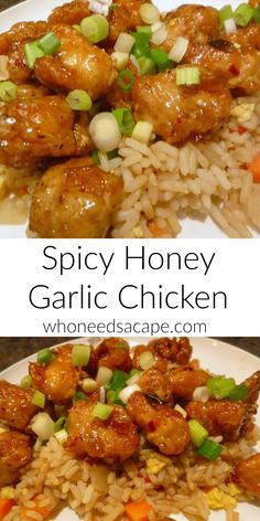 two pictures of spicy honey garlic chicken and rice