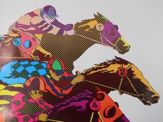 a group of people riding on the backs of horses in different colors and patterns,