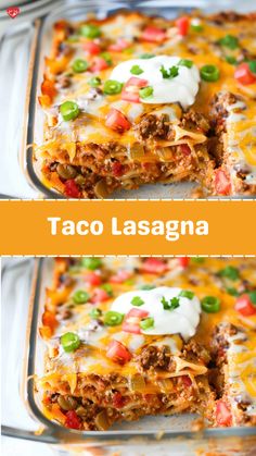 taco lasagna casserole in a glass baking dish