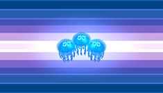 three blue jellyfish floating on top of each other in front of a purple and white striped background