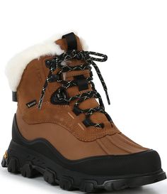 From UGG&#x2C; the Women's Adirondack Meridian Hiker Waterproof Leather Cold Weather Winter Booties feature:Waterproof leather and nubuck upperWeather Rated -32CGORE-TEX internal membrane bootie10mm UGGplush™ 60% upcycled wool&#x2C; 40% TENCEL™ Lyocell collarEmbossed UGG® logoGusseted tongue with water repellent coatingUGGextreme™ reflective silver woven tongue labelNon-wicking laces reflective ticked laces with metal speedlace eyeletsUGGe Ugg Adirondack, Outdoor Hiking, Womens Uggs, Boot Shoes Women, Chestnut, Water Repellent, Cold Weather, Bootie Boots, Shoe Boots