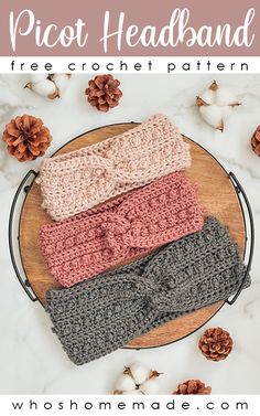 pinterest pin for the picot headband crochet pattern by The Turtle Trunk Crocheted Headbands, Crochet Ear Warmer Pattern, Crochet Headband Free, Easy Crochet Headbands, Simpul Makrame, Bandeau Au Crochet, Crochet Headband Pattern Free, Headband Crochet, Crochet Headband Pattern