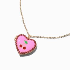 Claire's Cherry Heart Locket Pendant Necklace Heart Charm Pendant Necklace For Best Friend, Heart Pendant Necklace For Best Friend Gift, Pink Heart-shaped Jewelry For Friendship, Pink Heart Pendant Charm Necklace For Mother's Day, Pink Heart Charm Necklace For Mother's Day, Pink Heart Charm Necklace With Adjustable Chain, Cute Heart Pendant Charm Necklace For Best Friend, Pink Charm Necklace For Friendship On Valentine's Day, Pink Charm Necklaces For Friendship On Valentine's Day