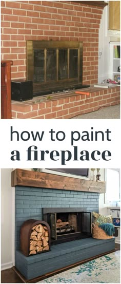 the before and after pictures of a brick fireplace makeover with wood burning in it