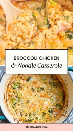 broccoli chicken and noodle casserole in a blue dish