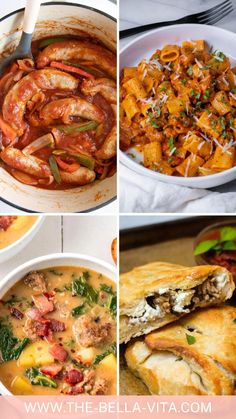 four pictures with different types of food in them