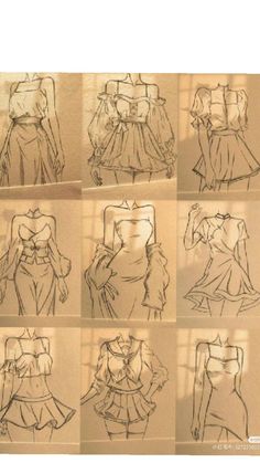 some sketches of different dresses on display