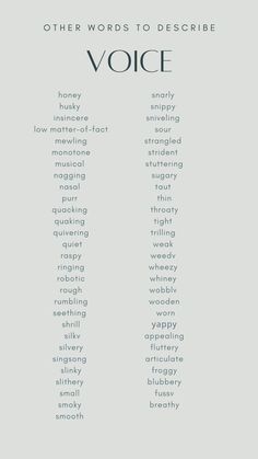 the words that describe voice are arranged in different font styles and colors, along with other words to describe them