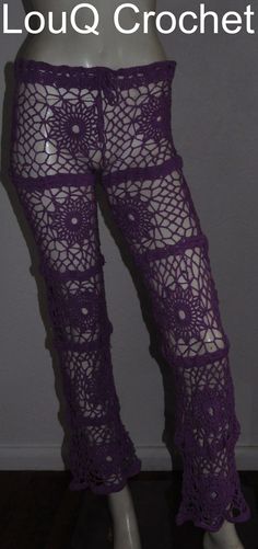 These hand crocheted pants are made  from 100% cotton in a sunburst and lace pattern with a drawstring waist making it adjustable to suit sizes AU6-12. Perfect as a swimwear cover or as a festival outfit. Crocheted Pants, Crochet Purple, Crochet Pants, Making Clothes, Womens Trousers, How To Make Clothes, Swimwear Cover, Lace Pattern, Festival Outfit