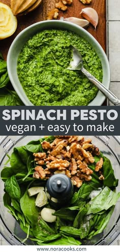 spinach pesto in a food processor with the words spinach pesto vegan + easy to make