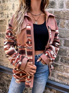 Multicolor Casual Collar manga larga Tela Geométrico Teddy Embellished No-Elástico  Ropa de Mujer Drop Shoulder Coat, Stylish Winter Coats, Plush Coat, Long Sleeve Outerwear, Teddy Jacket, Casual Vest, Aztec Pattern, Cozy Outfit