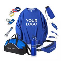 a blue sweatshirt with the words your logo on it and various sports equipment including a water bottle