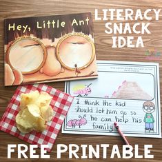 there is a book and some other items on the table with text that reads hey, little ant snack idea