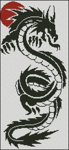 a cross stitch pattern with a black dragon on it's head and red circle in the background