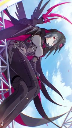 an anime character with long black hair and red eyes standing in front of a blue sky