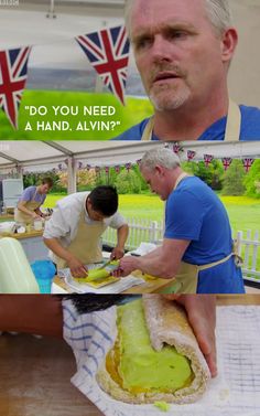 two men are making sandwiches at an outdoor event with the caption do you need a hand - alvin?