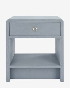 a grey nightstand table with a drawer on one side and an open drawer on the other