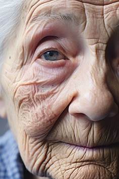 an old woman with wrinkles on her face and eyes, looking at the camera