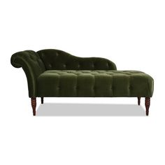 a green velvet chaise lounger with wooden legs and buttons on an isolated white background