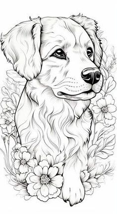 a black and white drawing of a dog with flowers