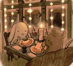 two stuffed animals sitting at a table with food in front of them and lights on the window