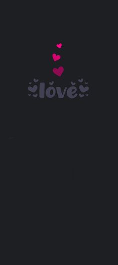 the word love is written in pink and purple on a black background with two hearts