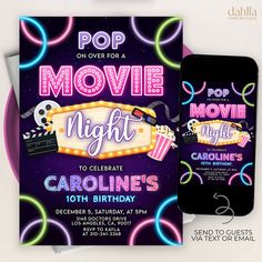 an image of a movie night birthday party with lights and popcorn on the phone screen