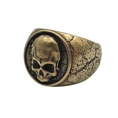 Skull bronze ring Are you craving for attention? There is no better way to be noticed than wearing an exclusive signet ring with a special symbol on your finger. Luckily, you have a variety of handmade jewelry to choose from in my shop. If you adore halloween, gothic or creepy punk jewelry for men, this unique ring is must have item for your collection. These signet rings are hand casted with precise accuracy from Italian bronze material. The fine lines, choice of tones and smooth transitions ma Vintage Metal Rings For Halloween, Vintage Hand Cast Skull Ring As Gift, Gold Skull Ring For Halloween Gift, Gold Skull Ring Halloween Gift, Gothic Gold Rings For Halloween, Handmade Gothic Gold Ring, Symbolic Metal Skull Ring For Collectors, Vintage Handmade Skull Ring, Symbolic Skull Rings Collectible