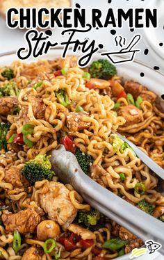 a bowl full of chicken stir fry with noodles and broccoli on the side