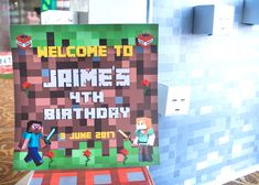 a welcome sign for a minecraft birthday party