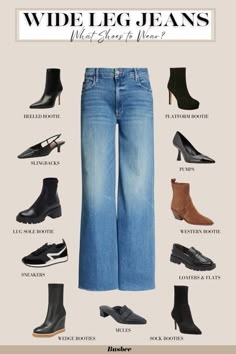 shoes and boots for wide leg or baggy jeans Shoes With Wide Leg Jean, Women's Wide Leg Jeans Outfit, How To Pair Shoes With Jeans, Vintage Wide Leg Jeans Outfit, Best Shoes For Baggy Jeans, Shoes For Wide Jeans, Shoe And Pants Guide Women, What Footwear To Wear With Jeans, Jeans For Boots Women