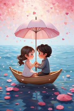 two children are sitting in a boat under an umbrella on the water with petals floating around