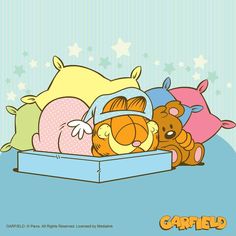 cartoon characters sleeping in a box with stars on the wall behind them that says garfield & friends