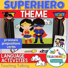 an image of a book cover with the words super hero theme and pictures on it