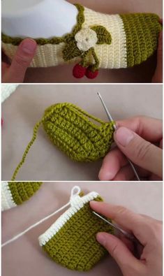 the crocheted bag is being worked on