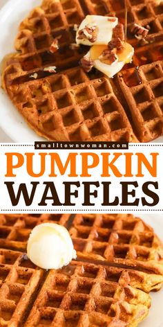 An easy waffle recipe for your next brunch party menu! It's a perfect fall breakfast idea. Fluffy and delicious, these homemade pumpkin waffles are sure to be a hit with the whole family! Pumpkin Waffles Recipe, Pumpkin Spice Waffles, Waffle Iron Recipes, Waffle Maker Recipes, Waffles Recipe, Pumpkin Waffles, Everything Pumpkin, Fall Breakfast, Pumpkin Everything