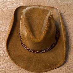 Henschel Hat Co. Outback Leather Hat. Size Large. New With Tags. I Do Think That The Braided Band Could Use Some Glue Towards The Back To Secure It Better. Smoke Free But Pet Friendly Home. Vintage Brown Hat Bands For Travel, Vintage Brown Hat Band For Travel, Leather Fedora With Curved Brim For Country Events, Vintage Leather Hat With Short Brim, Adjustable Leather Fedora, Casual Leather Fedora For Rodeo, Adjustable Vintage Leather Hat, Casual Leather Felt Hat With Curved Brim, Vintage Leather Brimmed Hat