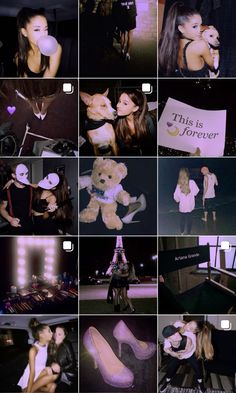 the collage shows several different images of women and teddy bears in front of a stage