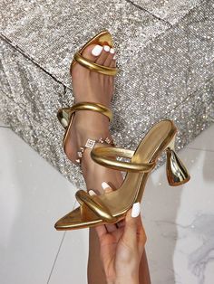 Gold Glamorous Collar   Plain,Textured Pattern  Embellished   Women Shoes Orange High Heels, Jordan Year, Sandals Ideas, Slippers Heels, Rose Thorns, Party High Heels, Mule Heels, High Heel Slippers, Heeled Mules Sandals