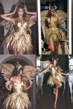 three pictures of a woman dressed in gold and wearing a costume with feathers on it