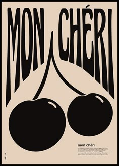 a black and white poster with two cherries in the center, on a beige background