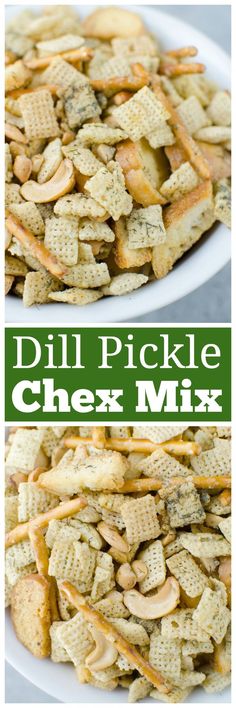 two plates filled with cheesy crackers on top of each other and the words, dill pickle chex mix