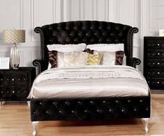 Alzire CM7150BK Black Glam Bed By Furniture Of America - sofafair.com Bathroom Dream, Black Bedroom Sets, Black Queen Bed, Platform Bed Upholstered, Bedside Essentials, Eastern King Bed, Tufted Bed, Elegant Bedding, Wingback Headboard