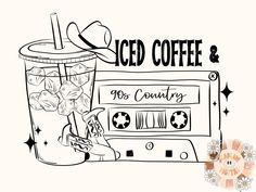 a drawing of a cup with ice coffee next to a computer