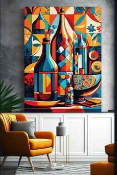 a living room with a painting on the wall and an orange chair in front of it