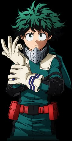 an anime character with green hair and gloves holding his hands up to the camera, while wearing