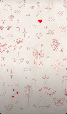 the back side of a white paper with red ink drawings on it and hearts, flowers, arrows, numbers, and other symbols